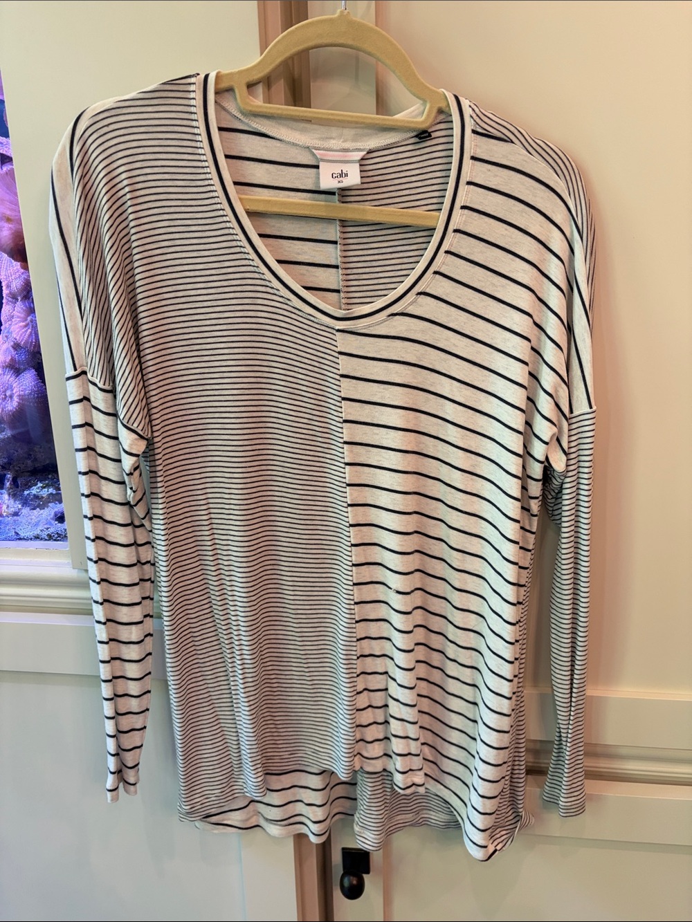CAbi White and Black Striped Scoop-Neck Long Sleeve Top